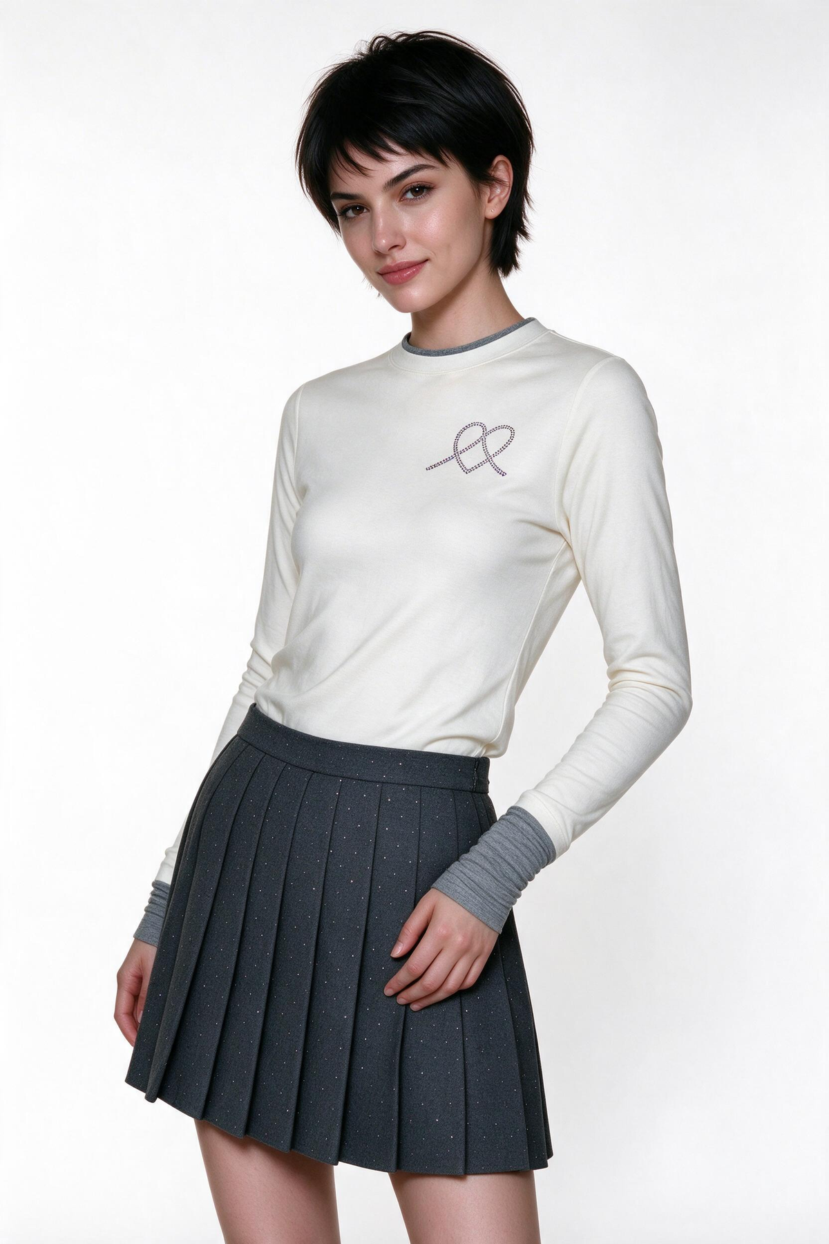 White & Gray Contrast Long-Sleeve T-Shirt -Iridescent Crystal