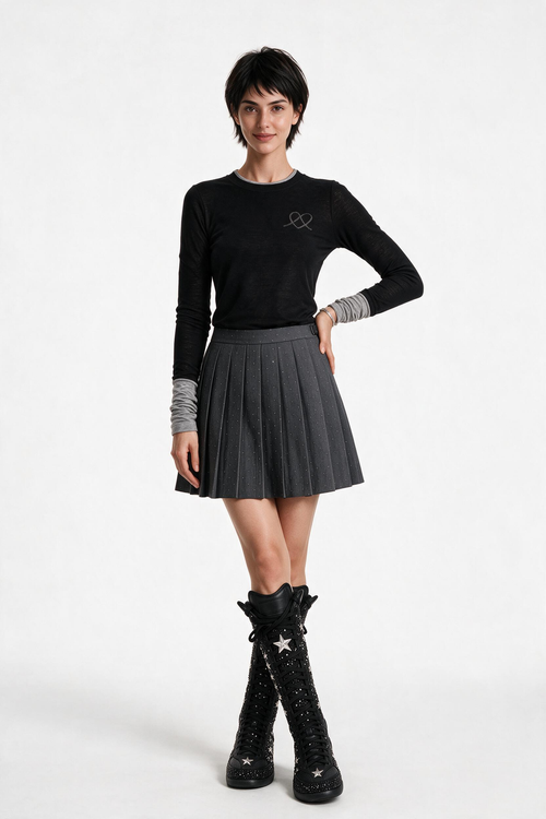 Black & Gray Contrast Long-Sleeve T-Shirt with Smoky Crystals